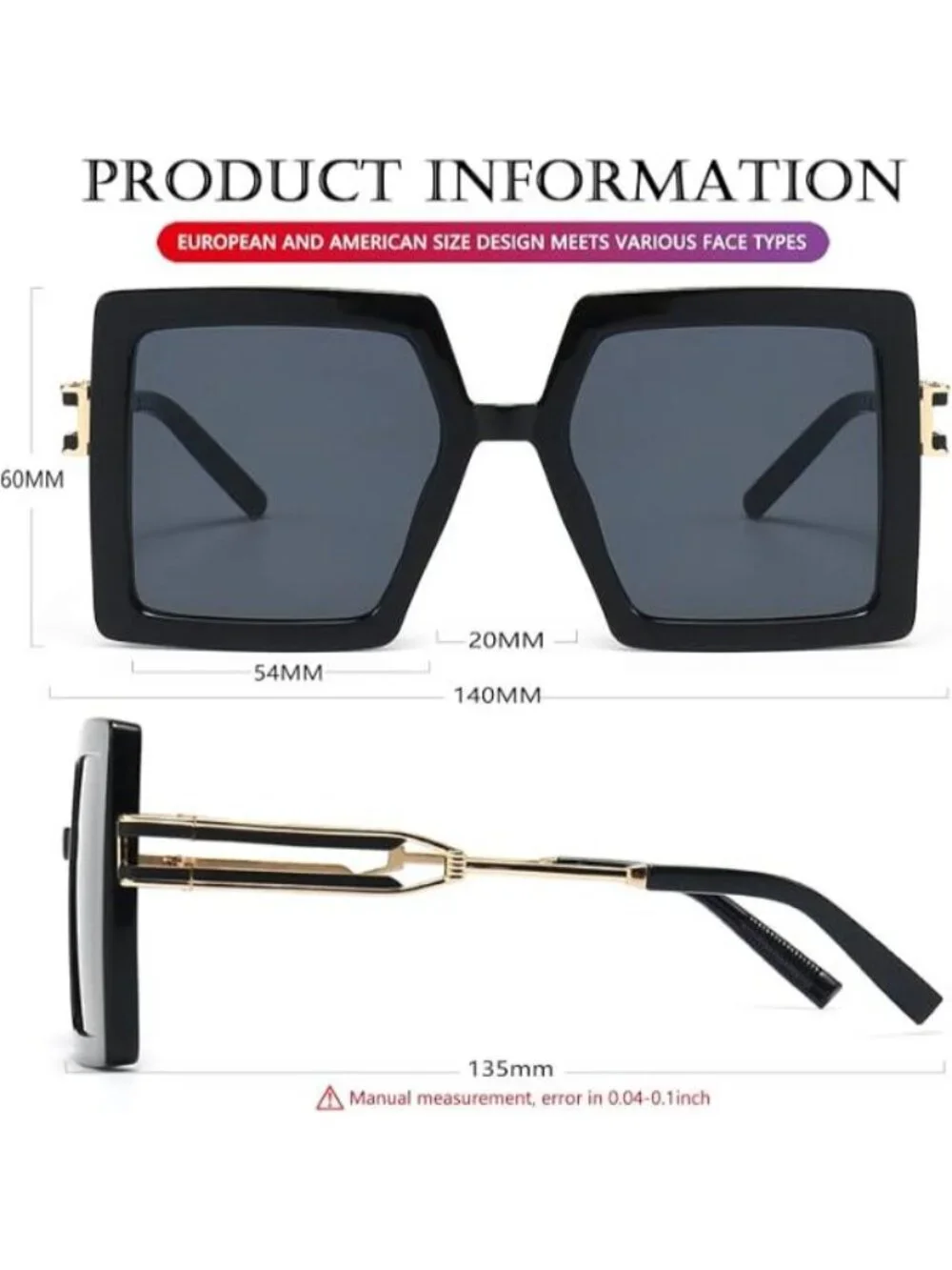 Women's Square Fashion Big Large Frame Sun Glasses UV400 Protection Black Grey